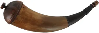 Powder Horn,
10-1/2", paneled tip,
patina finish, turned walnut base